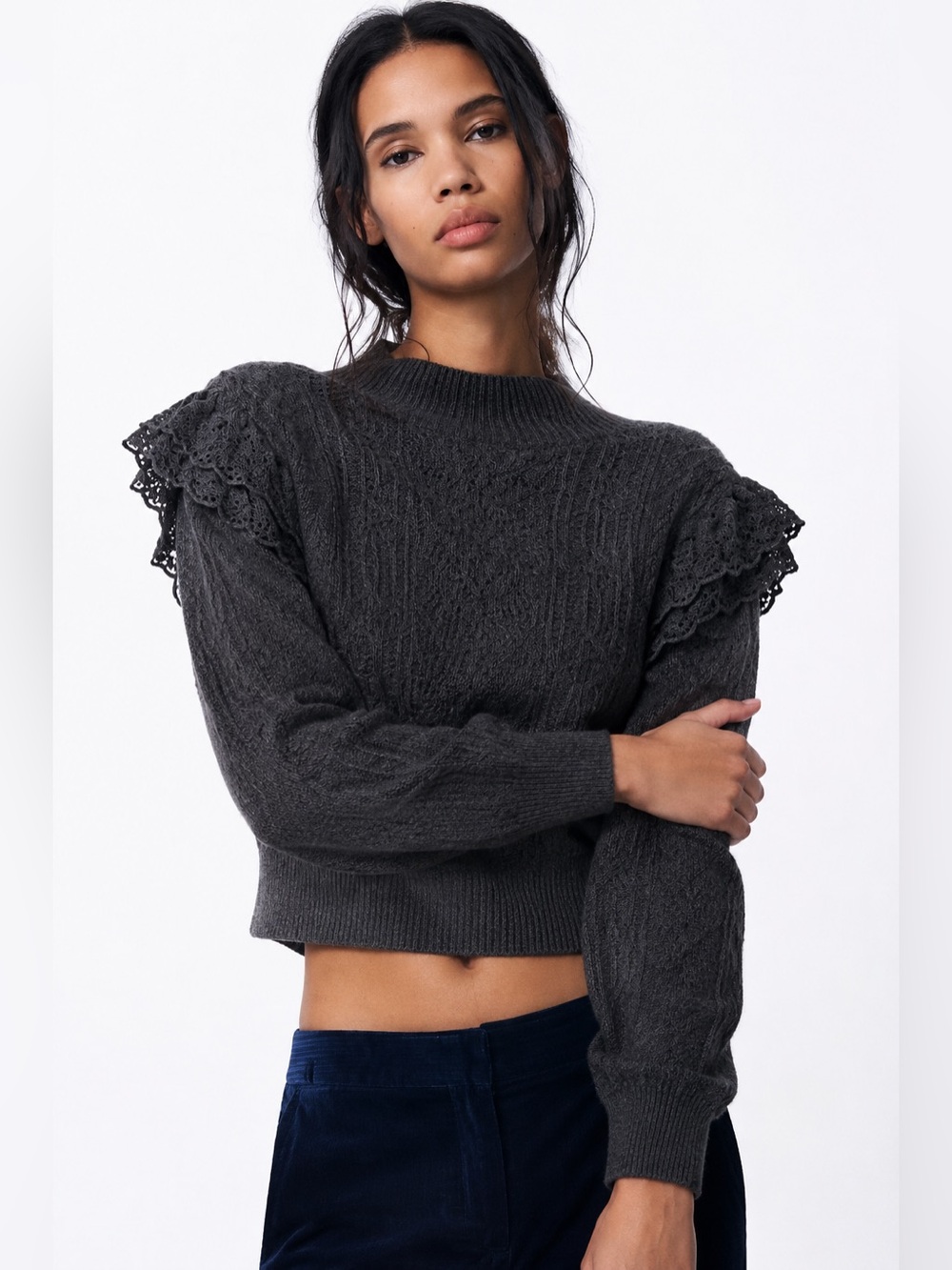 Zara Lace Ruffle Shoulder Knit Sweater | Dark Grey | Romantic Chic | Size M
